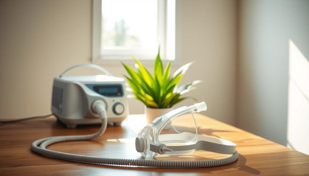 A serene scene depicting an organized workspace where a CPAP machine is carefully placed on a wooden table, featuring clear, soft sunlight filtering through a nearby window. In the foreground, the CPAP mask with its headgear and hose are laid out, illustrating a gentle curve to highlight their design. In the middle, a lush green plant adds a touch of nature, signifying a healthy environment. The background shows a well-defined wall, allowing the focus to remain on the CPAP setup. The lighting is warm and inviting, casting soft shadows that enhance the details of the machine. The mood is calm and informative, emphasizing the importance of protecting the device from direct sunlight.