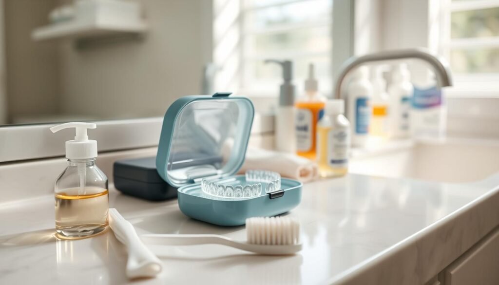 A close-up view of a pristine bathroom countertop featuring an Invisalign aligner case open with a set of clear aligners inside. In the foreground, there are cleaning supplies like a soft toothbrush and vinegar solution, elegantly arranged. A mirror reflects subtle light from a window, creating a bright and clean atmosphere. In the background, blurred outlines of dental care products are visible, enhancing the context of oral hygiene. The overall feel is fresh and inviting, emphasizing the importance of maintaining Invisalign care. The lighting is bright and natural, highlighting the materials and creating a sense of cleanliness. The focus is on the aligners and their accessories, capturing the essence of maintaining orthodontic care meticulously.