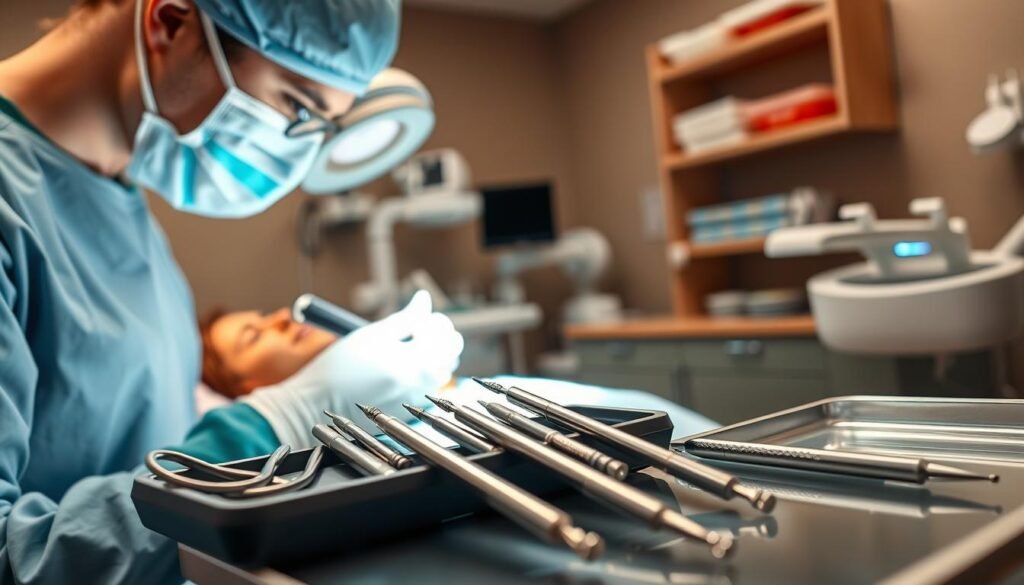 A dental clinic scene depicting a dentist performing a minimally invasive surgery on a patient. The dentist, wearing professional surgical attire, including a mask and gloves, is focused on precision. In the foreground, bright surgical tools are meticulously arranged on a sterile tray. The middle ground features the patient comfortably reclined in a dental chair, under appropriate lighting that highlights the area being treated. In the background, shelves filled with dental equipment and sterilization tools convey a sense of professionalism and hygiene. Soft, warm lighting casts a calm atmosphere, suitable for a clinical yet inviting environment, emphasizing the meticulous nature of dental practices focused on patient care.