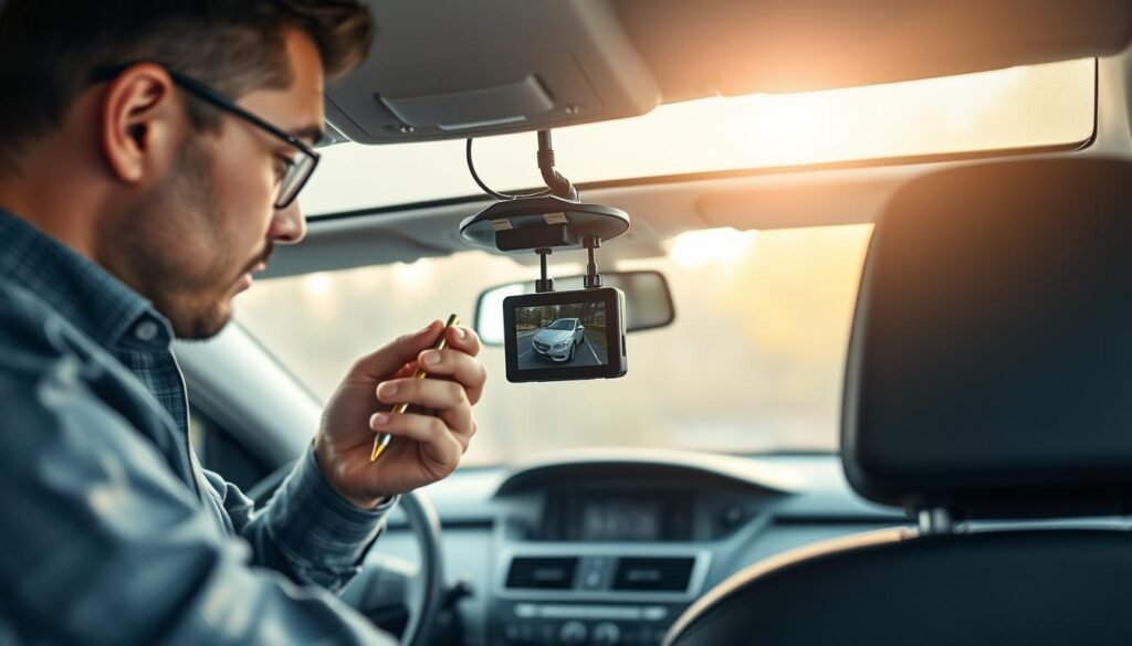A detailed and informative scene showing a professional technician setting up a car dash cam in a vehicle. In the foreground, the technician, dressed in smart casual attire, carefully inspects a fuse box with tools in hand, ensuring proper electrical connections. The middle ground features the interior of a modern car, with the dash cam mounted in a prominent position, displaying a clear view of the car’s front windshield. In the background, soft natural light filters through the car windows, creating a bright and inviting atmosphere. The angle is slightly overhead, focusing on the technician’s meticulous work, emphasizing precision and professionalism. The overall mood is one of diligence and expertise in automotive technology, highlighting best practices for optimal recording quality.