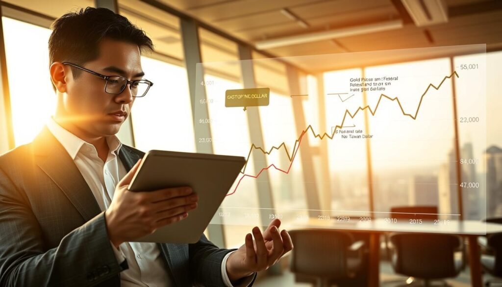 A detailed financial analysis scene depicting the fluctuation of gold prices in Taiwan due to Federal Reserve interest rate decisions. In the foreground, a professional analyst in business attire examines charts and graphs on a sleek digital tablet, deep in concentration. The middle ground features a stylized line graph showing the rising and falling trajectory of gold prices in New Taiwan Dollars, with annotations indicating key economic factors. The background shows a modern office environment with floor-to-ceiling windows overlooking a cityscape, bathed in warm, natural sunlight, enhancing the analytical mood. Create a dynamic yet focused atmosphere that illustrates the intricate relationship between interest rates and commodity pricing, capturing the essence of financial forecasting.