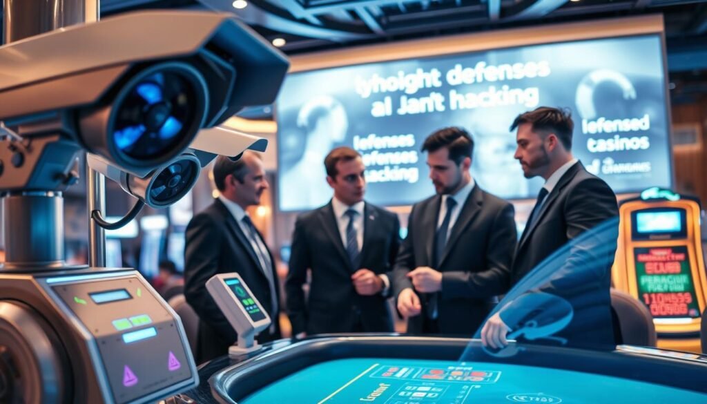 A modern casino environment showcasing the technological sophistication of 3A Entertainment City. In the foreground, sleek security features like advanced surveillance cameras and biometric access points are prominently displayed, illustrating high-tech security measures. In the middle ground, a group of professionals in smart business attire discuss strategies, their expressions focused and engaged, reflecting a serious atmosphere of analysis and evaluation. The background features bright, futuristic LED displays advertising the casino's defenses against hacking, with soft blue lighting creating a clean, high-tech ambiance. The scene conveys a sense of innovation and security, emphasizing the importance of reliable protection in entertainment venues. The image is to be captured from a slightly elevated angle to encompass the dynamic interaction and the impressive architecture of the casino.