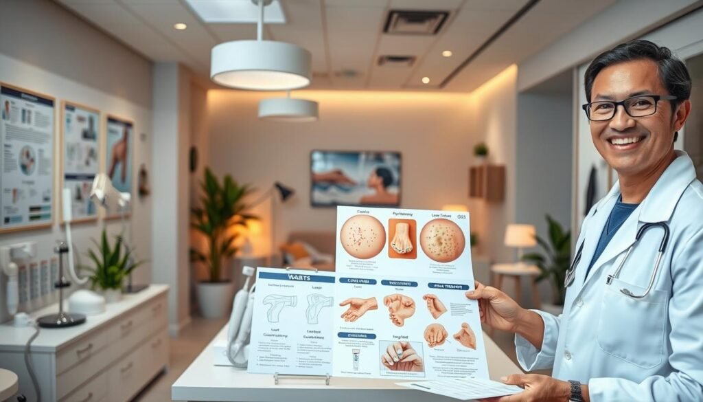 A professional dermatologist's office featuring a modern, illuminated treatment room with clinical tools and charts on the walls. In the foreground, a smiling doctor in a white coat demonstrates various skin treatment methods for warts, such as cryotherapy, laser therapy, and topical treatments, using detailed diagrams and models. In the middle, a well-organized counter displays various medical devices and cream tubes. The background includes a cozy waiting area with soft lighting, potted plants, and neutral-colored decor creating a calm, reassuring atmosphere. The scene conveys a sense of professionalism and warmth, emphasizing the partnership between patient and doctor in skin care.