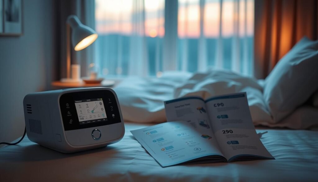 A serene bedroom scene featuring a well-organized sleep apnea machine selection guide. In the foreground, a sleek, modern CPAP machine is prominently displayed on a bedside table, with an open brochure detailing various machine options. The middle ground showcases a calming bedroom ambiance, with soft lighting from a bedside lamp casting a warm glow. A neutral color palette of blues and whites enhances the tranquility. In the background, a peaceful window view shows gently swaying curtains and soft twilight, suggesting a restful atmosphere. The mood is soothing and informative, inviting viewers to consider their sleep needs. The image is crisp, with shallow depth of field, emphasizing the products while keeping the background softly blurred, creating an inviting focus on the sleep tools.