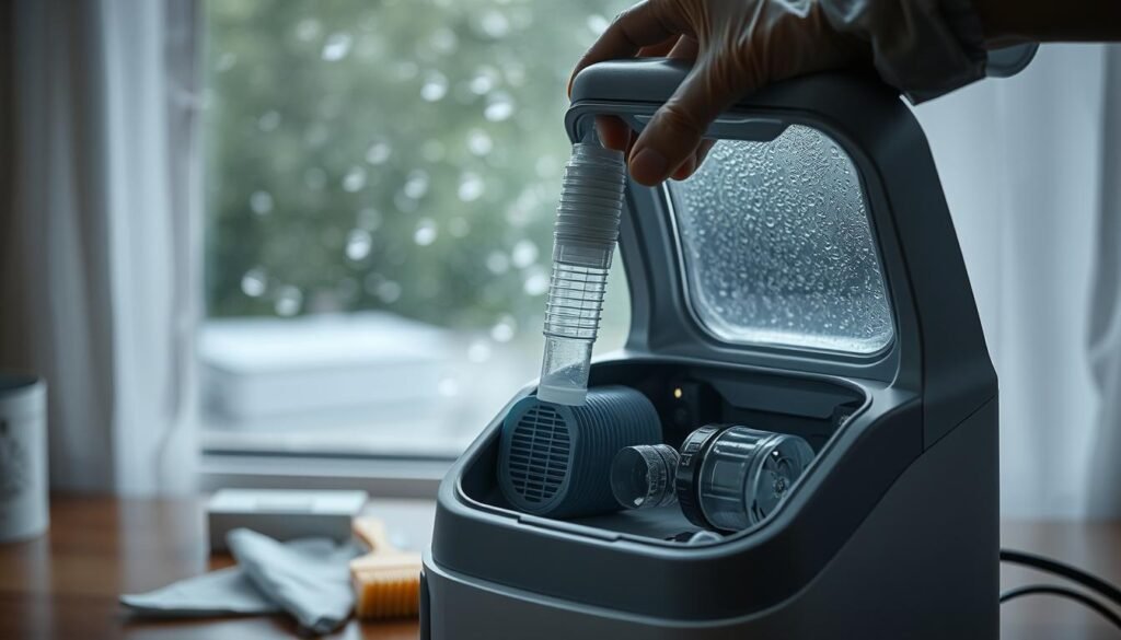 A close-up view of a modern sleep apnea machine being carefully maintained against a backdrop of a humid environment, illustrating the impact of "回南天" (rainy season). In the foreground, a pair of hands wearing protective gloves gently disassemble the device, focusing on intricate components like the filter and water chamber. The middle layer features a well-lit workspace with tools like a soft brush and cloth neatly arranged, emphasizing cleanliness and care. In the background, there is a window showing raindrops on glass, creating a moody atmosphere that evokes humidity. The lighting is soft and diffused, reflecting a serious yet calm mood. The image conveys the importance of maintenance in keeping the device functional and hygienic during damp conditions.
