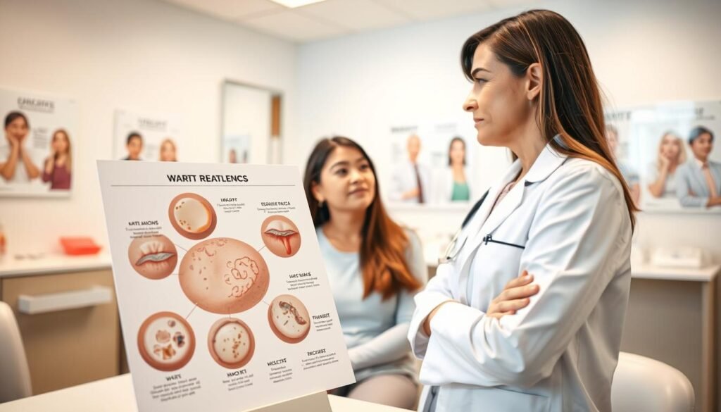 A professional healthcare setting illustrating basic knowledge about wart removal. In the foreground, a visually striking diagram showing various types of warts with detailed labels. In the middle, a healthcare professional in a white coat discussing wart treatment options with a patient, who is attentively listening, both displaying expressions of focus and concern. The background features a well-organized clinic with medical posters on the walls, highlighting skin health and treatment procedures. Soft, natural lighting enhances the warm atmosphere, emphasizing professionalism and care. Shot from a slightly elevated angle, creating a sense of depth and engagement, ensuring clarity in every detail and fostering an informative mood.