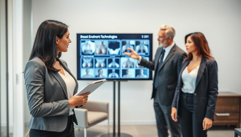A professional setting featuring a diverse group of three individuals evaluating breast enhancement methods. In the foreground, a confident woman in business attire stands with a clipboard, taking notes while observing a presentation on various enhancement technologies displayed on a sleek screen. To her left, a middle-aged man in a sharp suit gestures towards the screen, explaining detailed graphs and before-and-after images of treatment results. In the background, an office environment is visible, with modern furniture and neutral tones, creating a serious ambiance. The lighting is bright yet soft, emphasizing the focus on the discussion. The image should evoke a sense of professionalism, innovation, and robust analysis in the evaluation of breast enhancement methods.