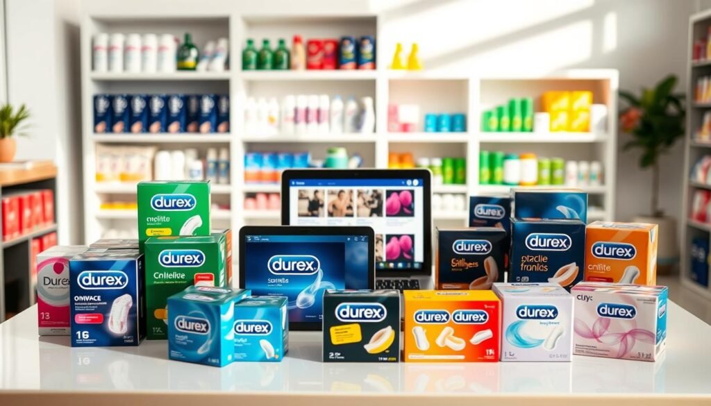 A well-organized display of various Durex products on a sleek, modern table in a bright, well-lit room. In the foreground, showcase an array of Durex boxes, featuring distinct packaging designs, arranged artfully with a focus on their vibrant colors and branding. In the middle, emphasize a laptop or tablet showing an online store interface for purchasing Durex products, hinting at the online shopping aspect. In the background, softly blurred, include shelves with additional health and wellness products to create a relatable shopping environment. Use natural lighting to create a warm, inviting atmosphere, reflecting a professional and safe shopping experience. The overall mood should be informative and approachable, appealing to new customers exploring their purchasing options.