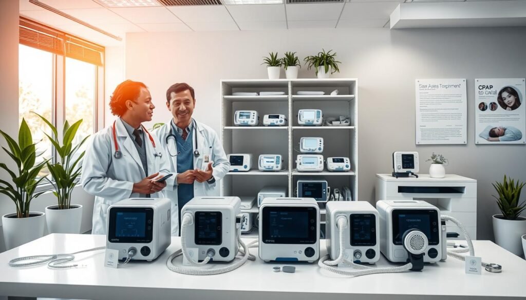 A modern medical office scene featuring two healthcare professionals discussing CPAP machines. In the foreground, a diverse male and female doctor are standing beside a table displaying various CPAP models, each clearly labeled. The middle ground showcases a sleek, well-organized storage area with additional CPAP machines and accessories, illuminated by soft, natural light coming through large windows. The background features a calming color palette with potted plants and professional medical posters related to sleep apnea treatment. The atmosphere is informative and reassuring, emphasizing the importance of selecting the right equipment for patients. The lens should capture a slightly elevated angle, focusing on the professionals and the products, to create an engaging, dynamic composition.