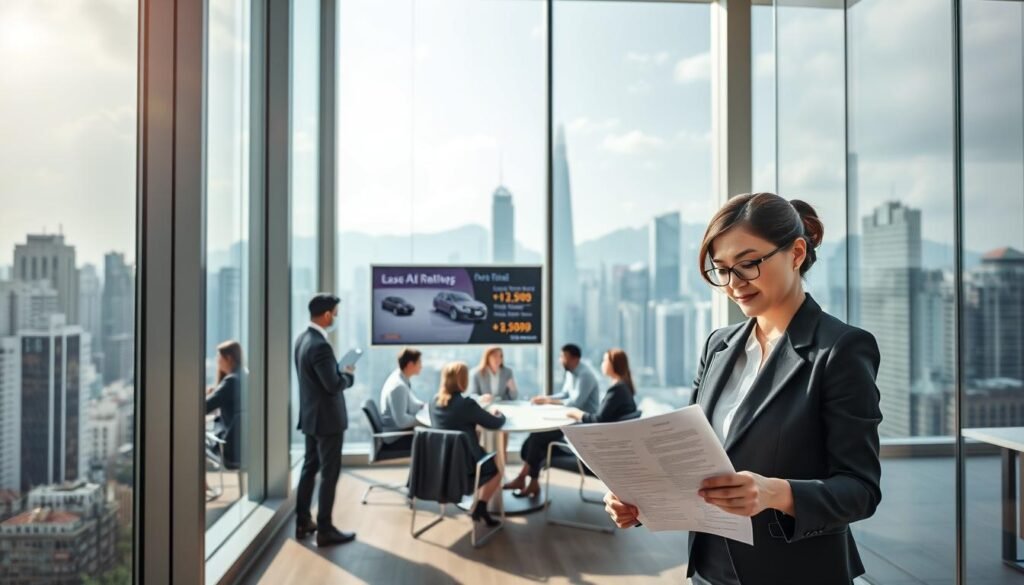 A modern office building in Wan Chai, Hong Kong, showcasing the commercial opportunities available for tenants. In the foreground, a confident businesswoman in professional attire examines a lease agreement, standing beside a tall window with a view of the bustling city. In the middle ground, a sleek conference room is visible with a round table and a group of diverse professionals engaged in discussion, presenting a collaborative atmosphere. The background features an electronic billboard displaying rental opportunities and the skyline of Wan Chai with its distinctive architecture. The scene is illuminated by soft, natural light streaming through the glass windows, creating an inviting and optimistic atmosphere, emphasizing potential and progress.