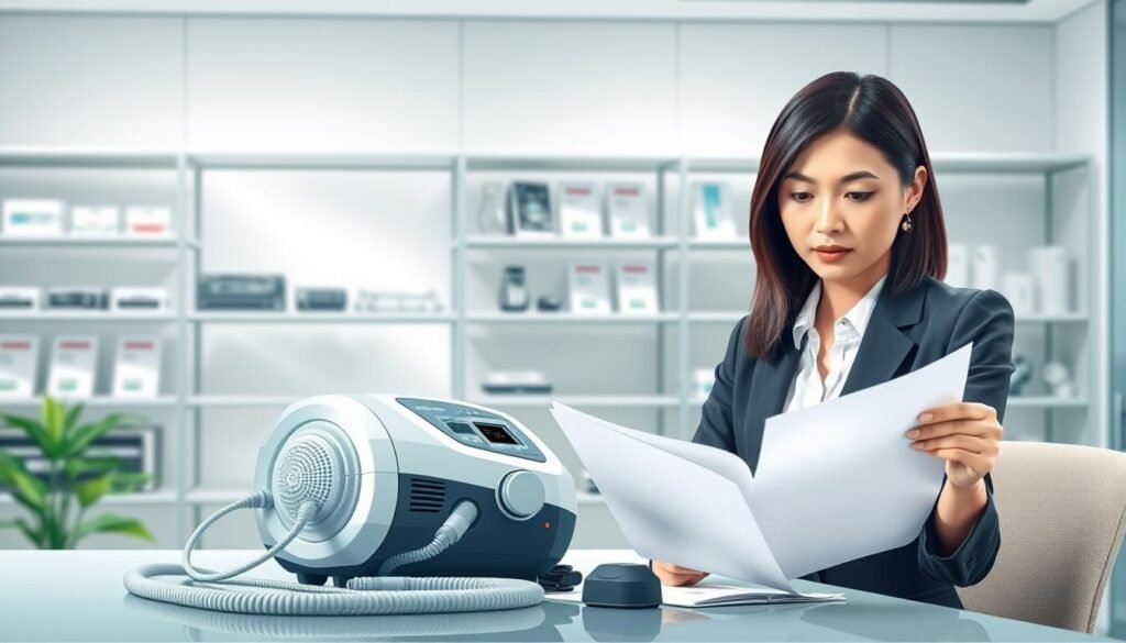 A well-organized illustration representing the conditions for CPAP deposit refunds in Hong Kong. In the foreground, a confident and professional Asian woman in business attire is reviewing documents related to CPAP equipment, with a serious and focused expression. The middle layer features a CPAP machine and related accessories, neatly displayed on a table, emphasizing quality and reliability. In the background, soft office lighting creates a calm atmosphere, highlighting a modern office setting with shelves that hold medical supplies and informational pamphlets. The angle should be slightly elevated to capture both the subject and the context, with natural light filtering in to enhance the professionalism of the scene. The overall mood should convey clarity, trust, and efficiency, reflecting the importance of understanding refund conditions.
