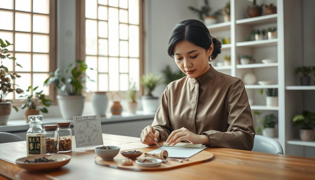 A serene and inviting scene in a traditional Chinese medicine clinic. In the foreground, a female traditional Chinese medicine practitioner, dressed in elegant yet professional attire, is thoughtfully examining a set of herbs and acupuncture tools laid out on a wooden table. She has a gentle and knowledgeable expression. The middle ground features soft, natural lighting filtering through a paper window, casting delicate shadows that enhance the tranquil atmosphere. Various herbal jars and a small chart of the menstrual cycle are elegantly displayed, showcasing her expertise in women's health. In the background, shelves filled with medicinal plants signify the holistic approach to improving menstrual irregularities. The overall mood is calm and focused, emphasizing care and healing in women's health.