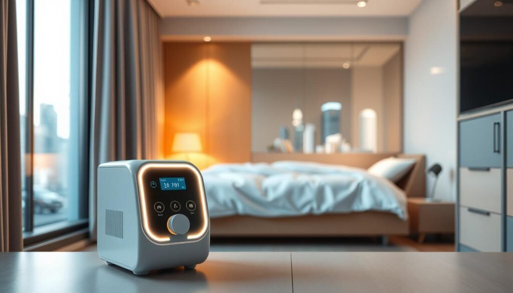 A modern medical equipment design focused on user needs in Hong Kong, specifically depicting a sleep apnea machine suitable for local lifestyles and environmental challenges. In the foreground, show the machine sleek and compact, with an intuitive interface illuminated by soft, warm lighting, reflecting a tranquil atmosphere. In the middle layer, include a cozy bedroom setting typical of Hong Kong apartments, featuring a neatly made bed and ambient lighting. In the background, portray a view of Hong Kong's urban landscape through a window, suggesting the bustling city life outside. Capture a sense of harmony between technology and everyday living, showcasing how the device integrates seamlessly into the unique living conditions of Hong Kong users.